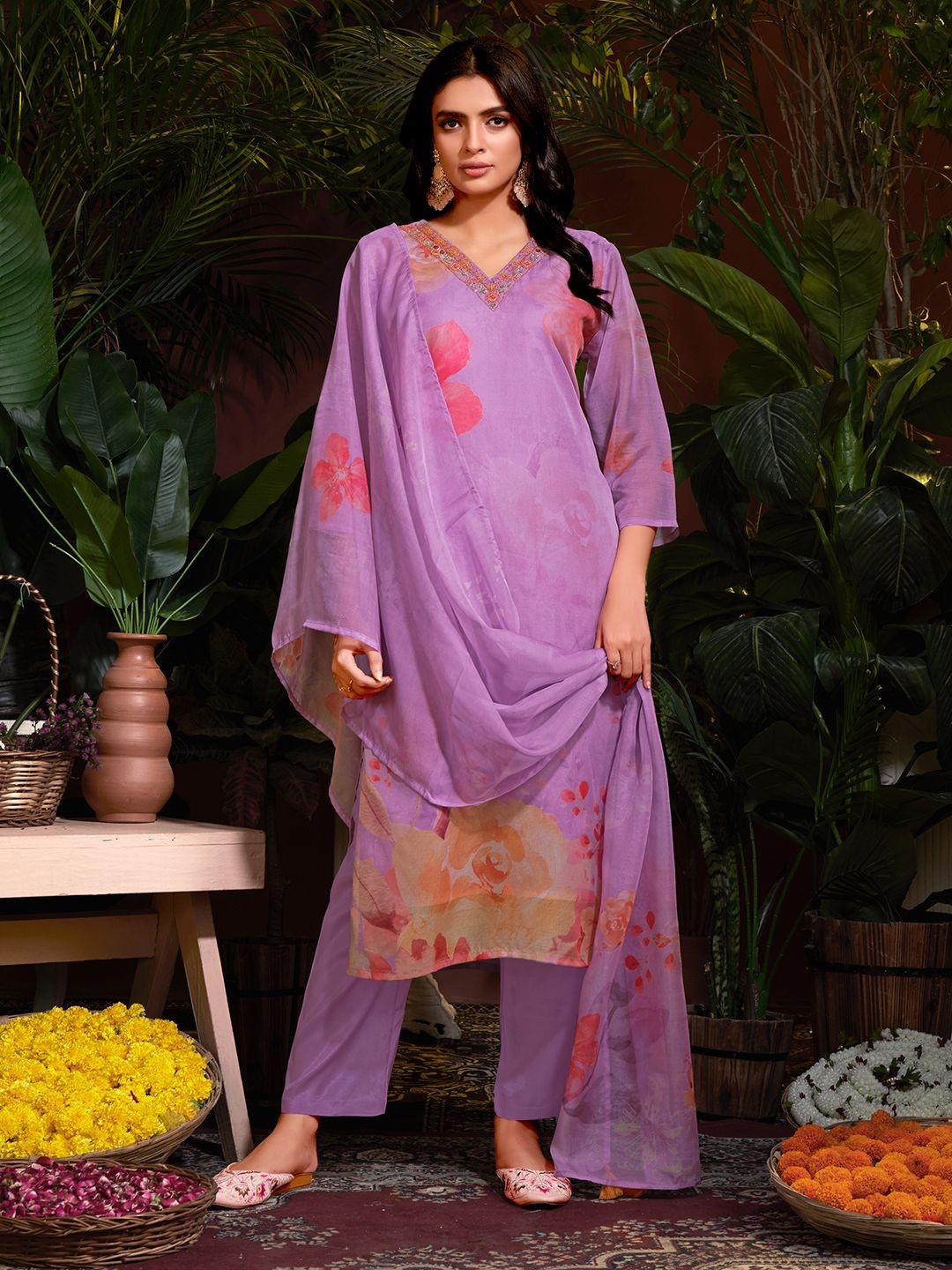 

Krimmple Women Floral Printed Regular Thread Work Kurti with Trousers & With Dupatta, Purple