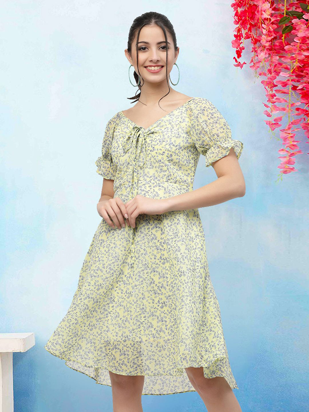 

MISS AYSE Floral Printed Tie-Up Neck Fit & Flare Dress, Yellow