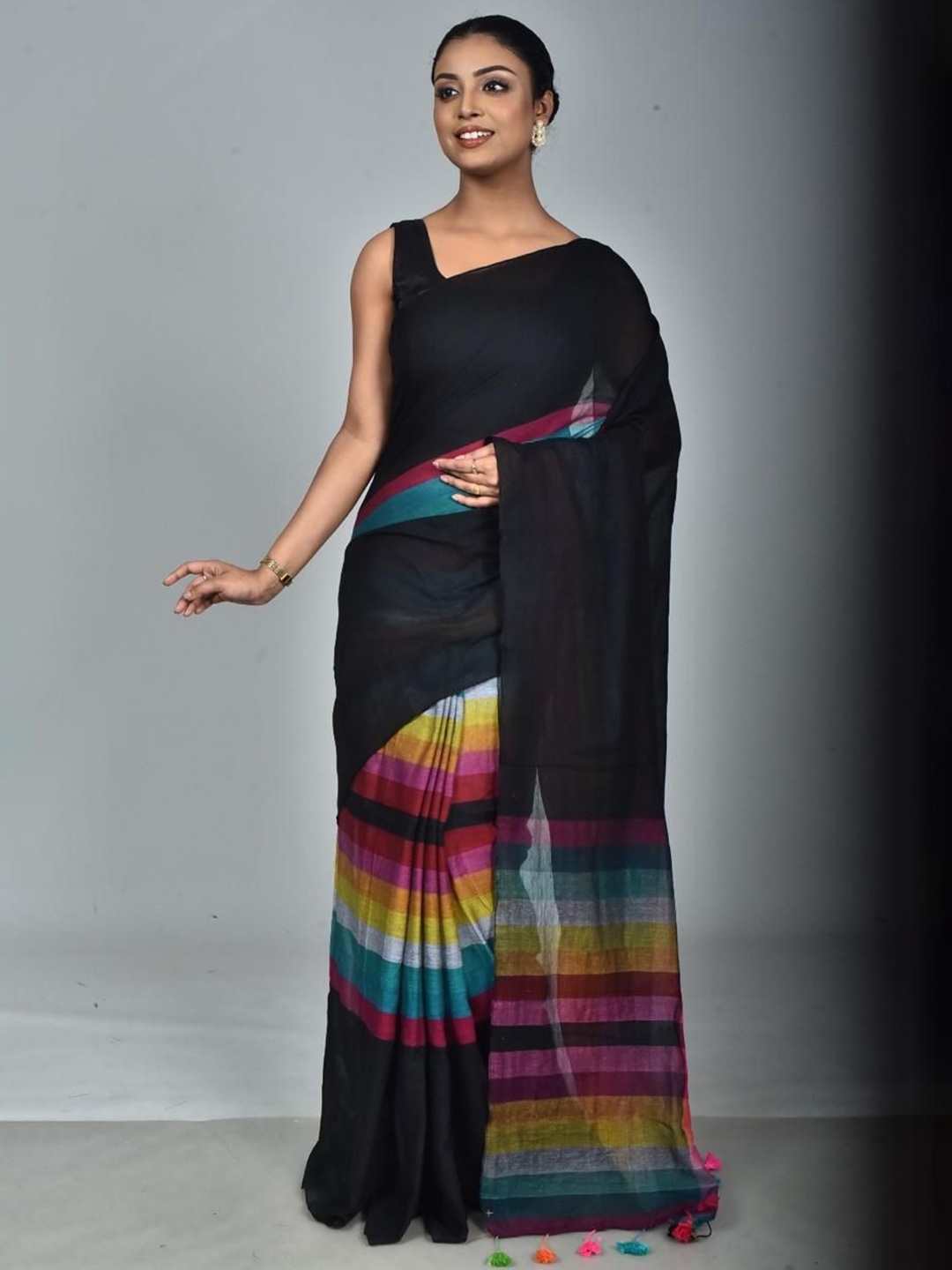 

Ruuprekha Striped Pure Cotton Khadi Saree, Black
