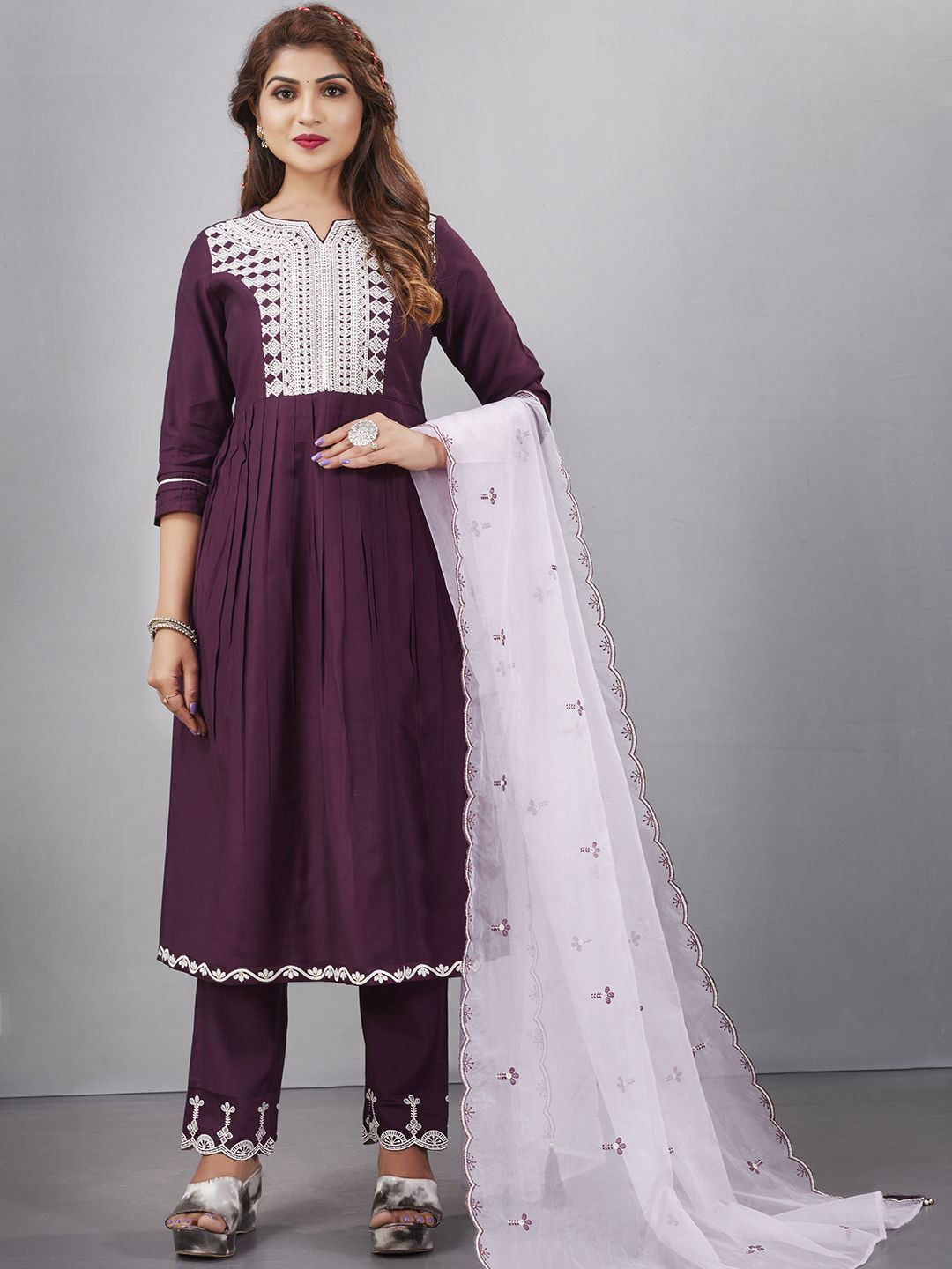 

Krimmple Women Floral Embroidered Regular Thread Work Pure Silk Kurta with Pyjamas & With Dupatta, Violet