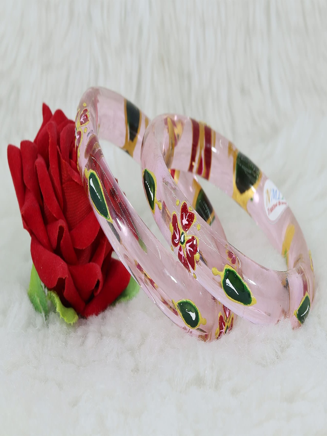 

ZULKA Set Of 2 Flowers and Leaf Printed Sleek Design Kada Glass Bangles, Pink