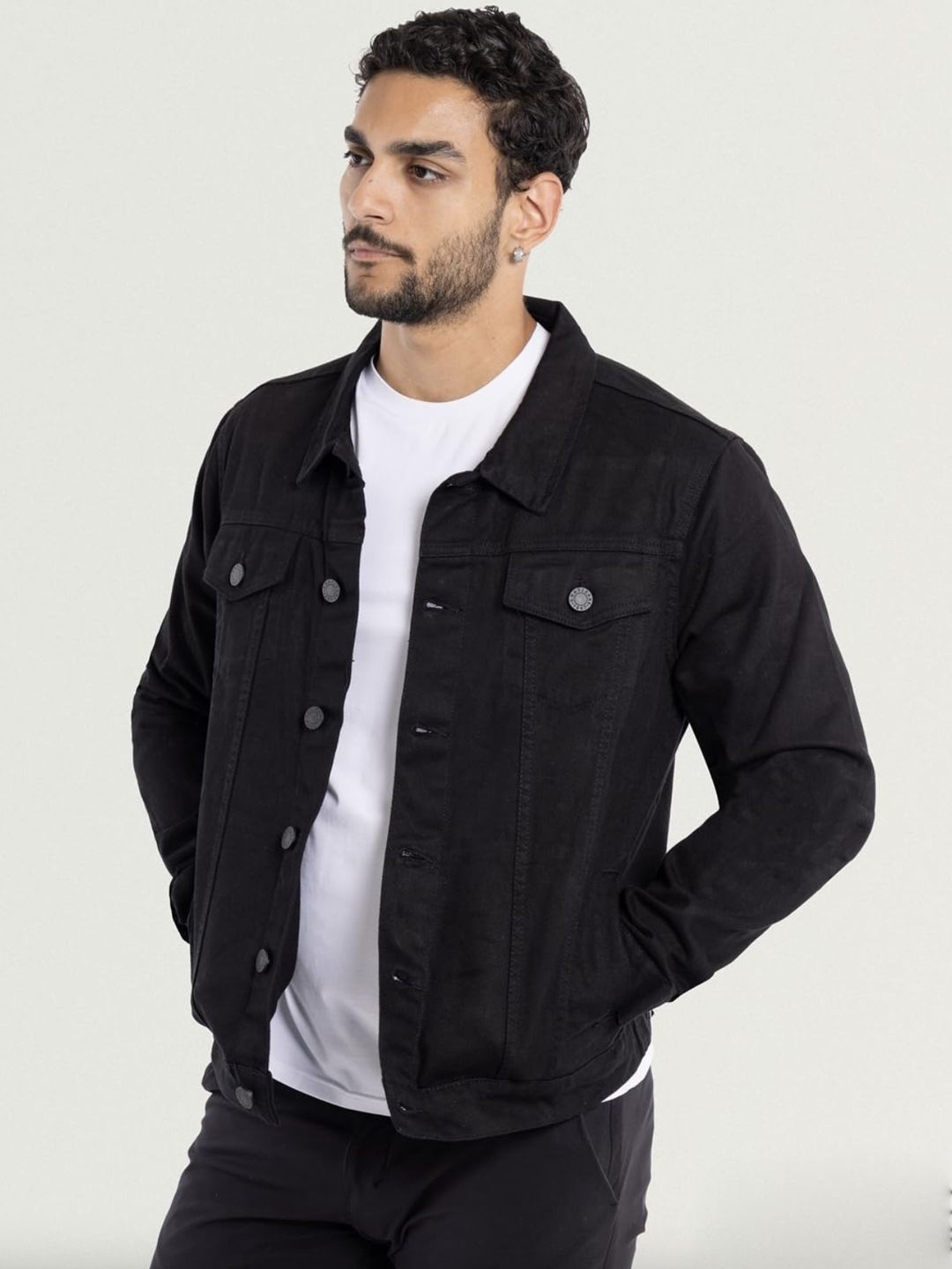 

MASTERLY WEFT Men Spread Collar Solid Casual Denim Jacket, Black