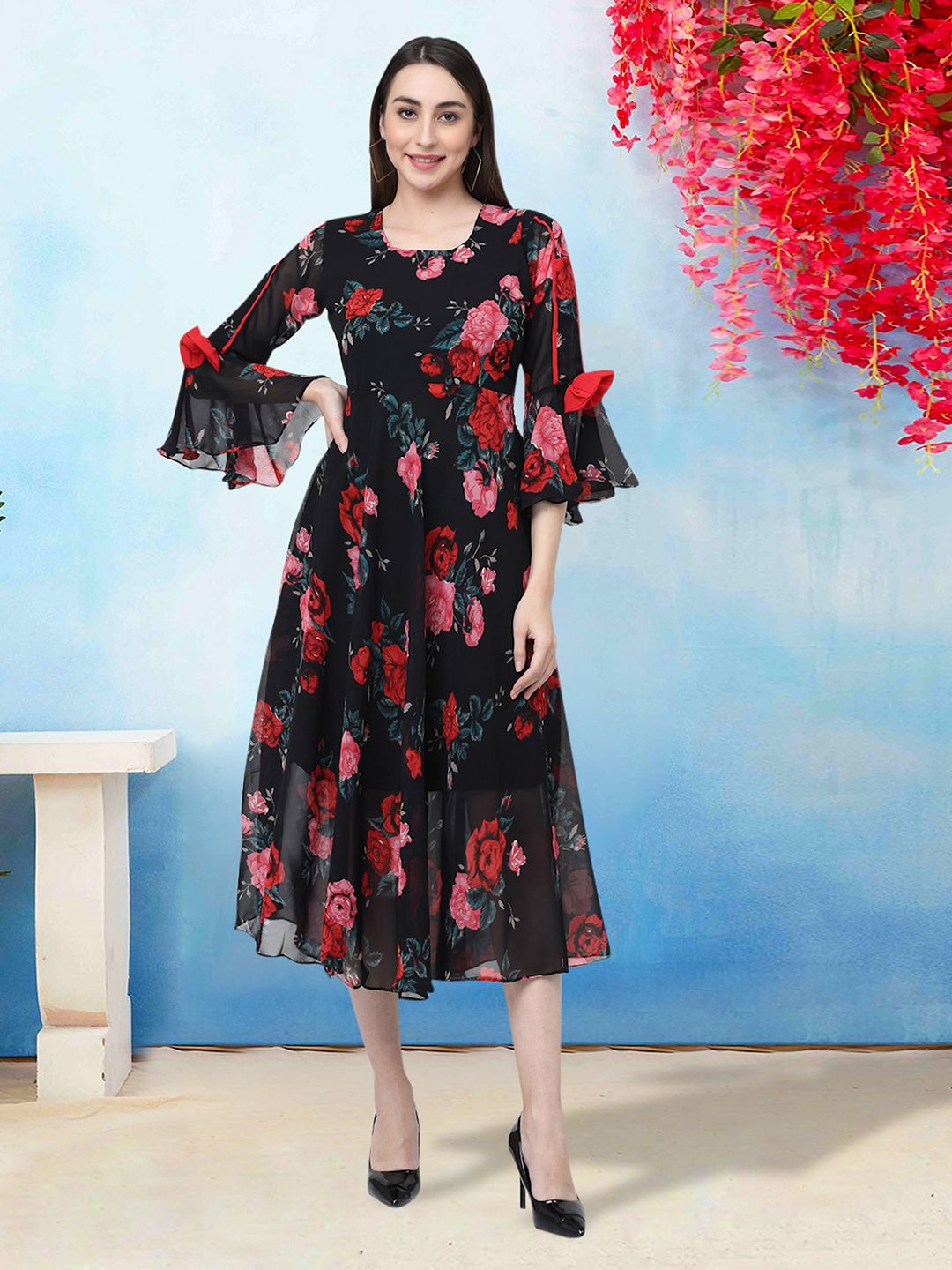 

MISS AYSE Floral Printed Fit & Flare Dress, Black
