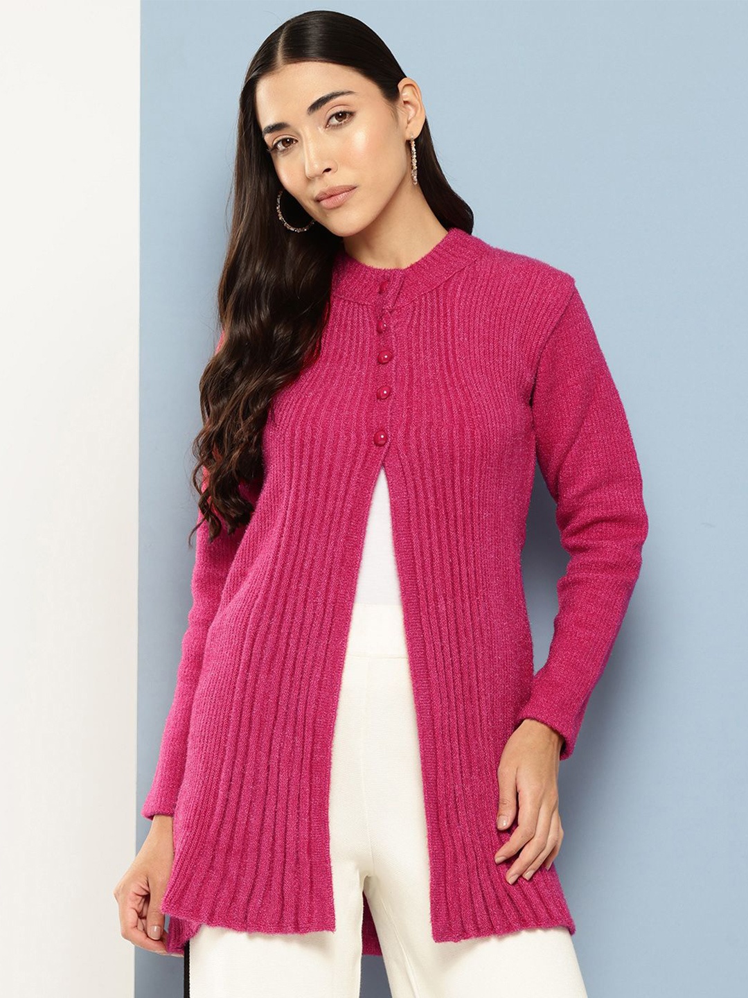 

BAESD Women Ribbed Woollen Longline Cardigan, Pink