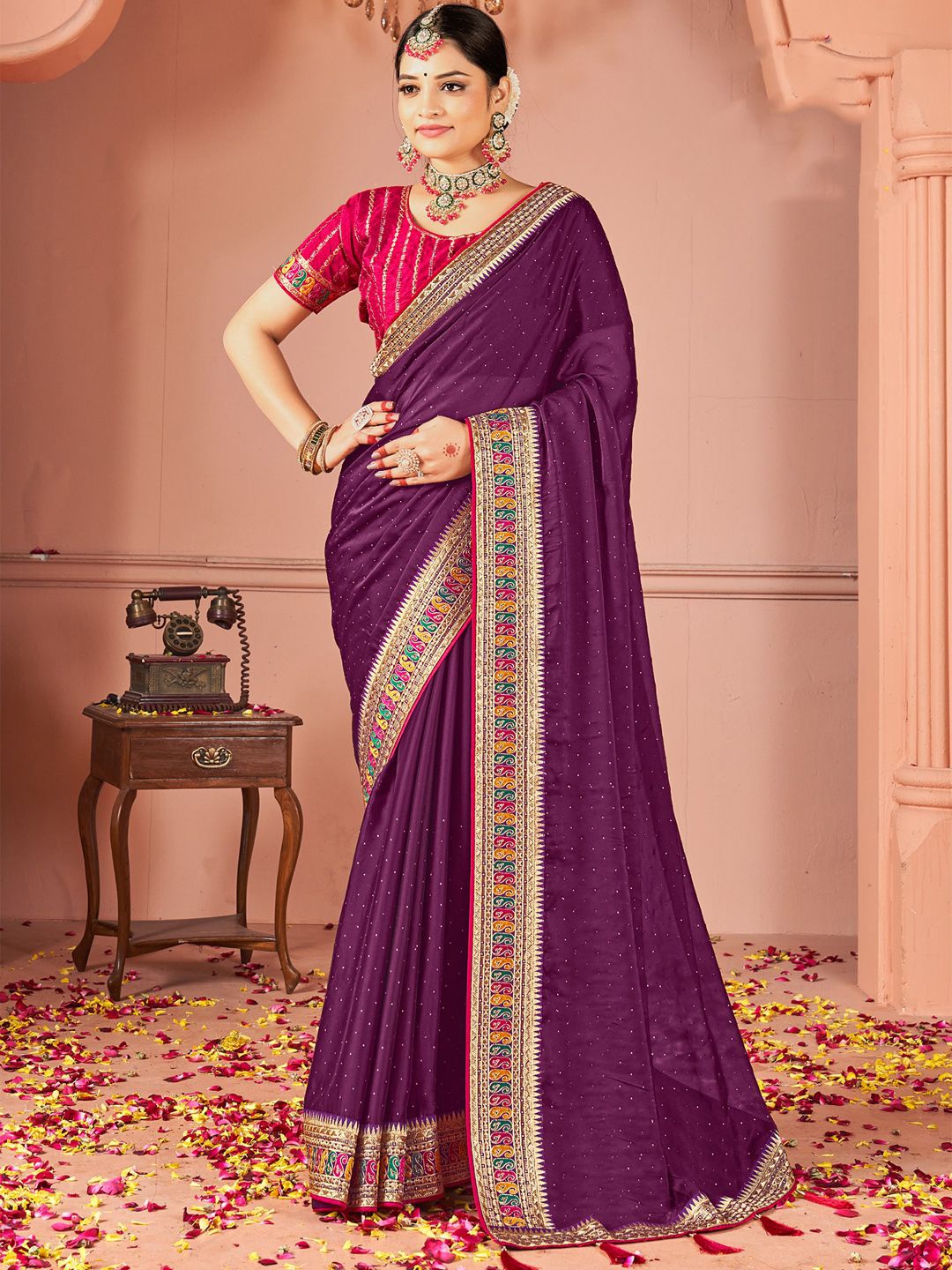 

Saree mall Embellished Beads and Stones Sarees, Magenta