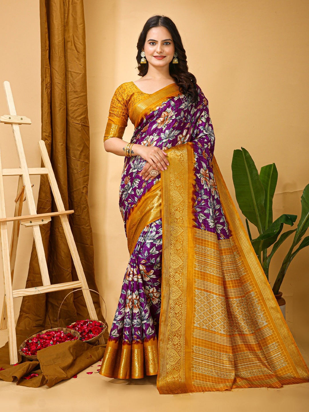 

LeeliPeeri Designer Floral Printed Zari Saree, Purple