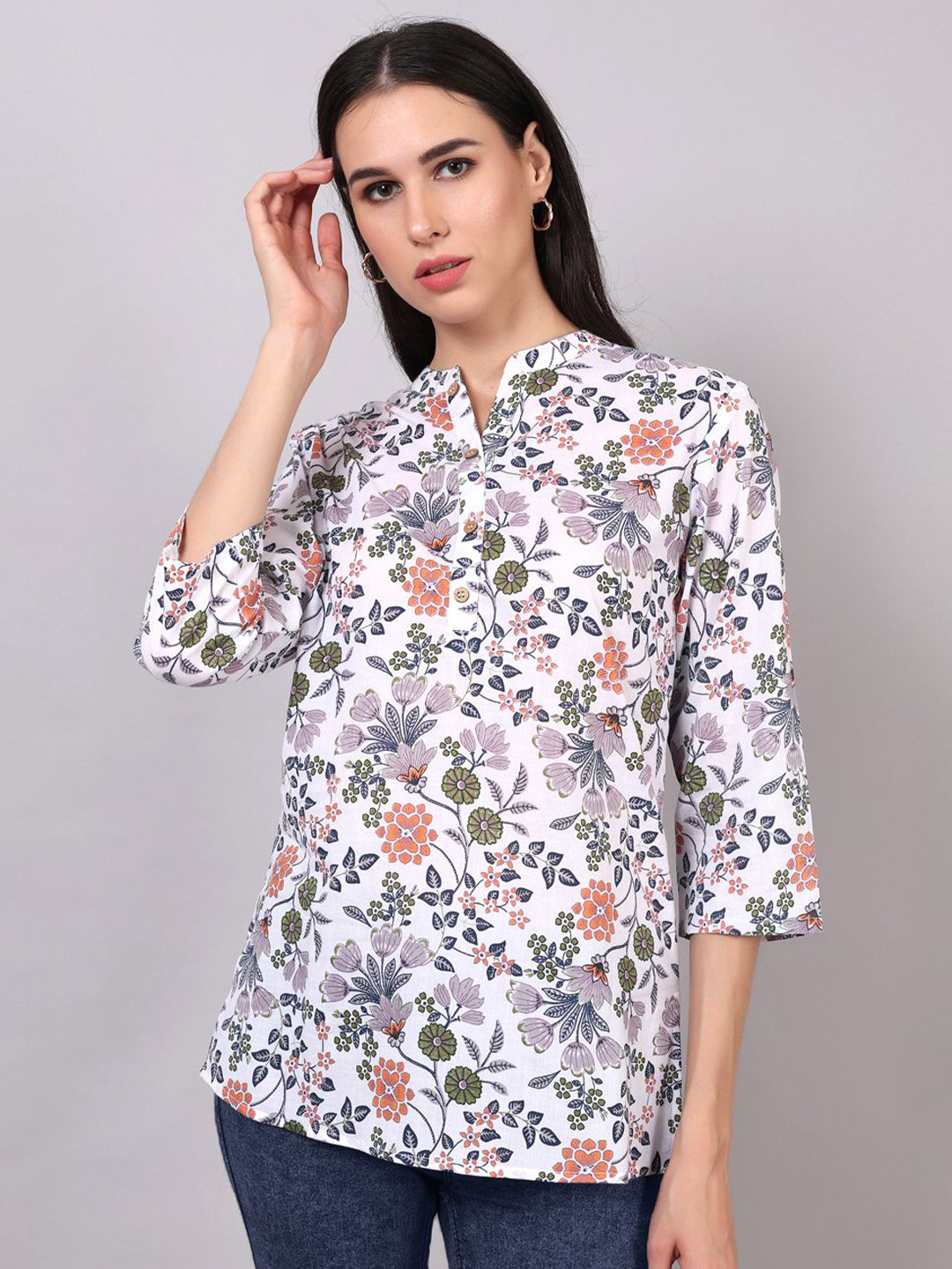 

Jaamso Royals Women Mandarin Collar Printed Cotton Tunic, White