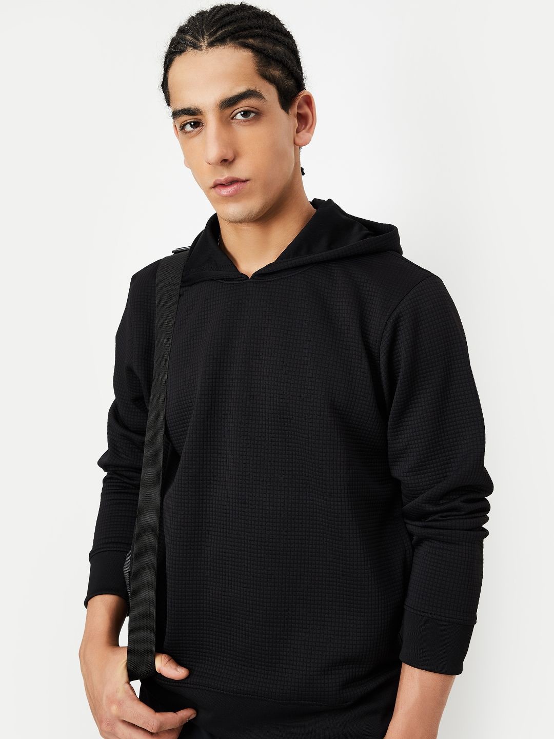 

max Men Cotton Self Design Hooded Pullover Sweatshirt, Black