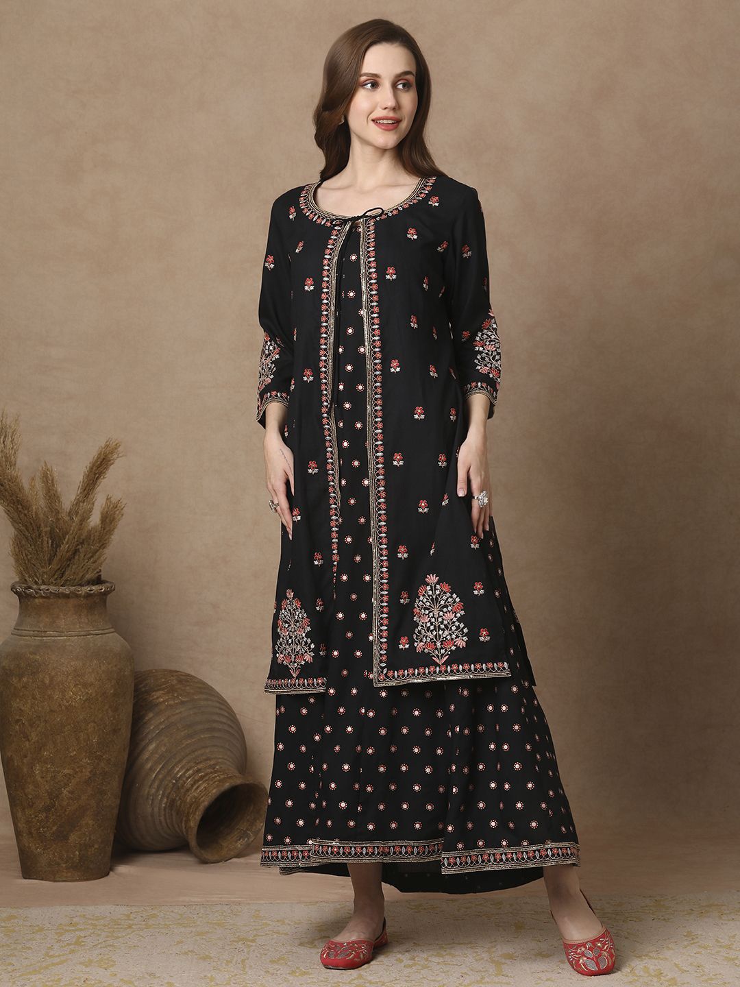 

FASHOR Ethnic Motifs Embroidered A-Line Maxi Dress, Black