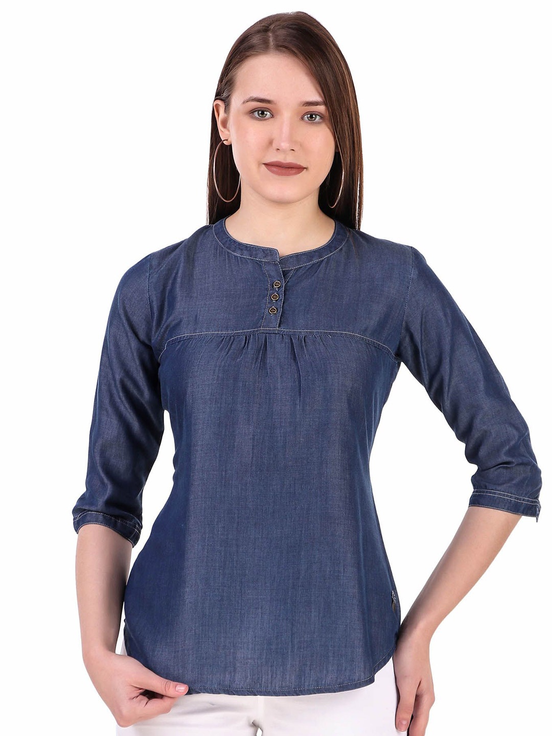 

Pose india Women Mandarin Collar Pure Cotton Denim Top, Blue