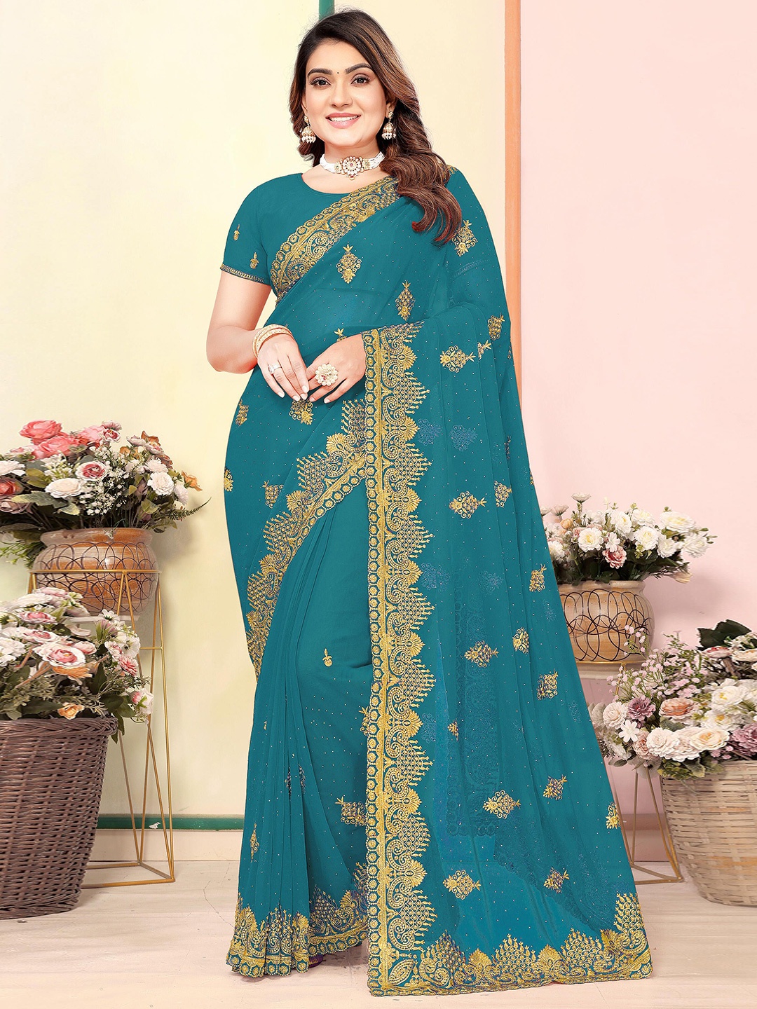 

KHRITI FAB Floral Embroidered Pure Georgette Saree, Turquoise blue