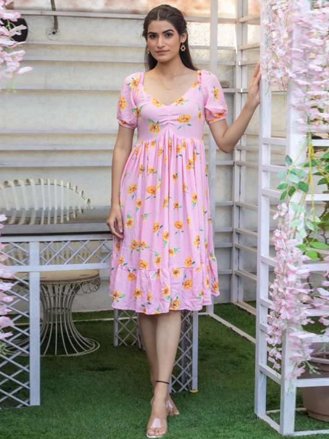 

SUKITI Floral Print Puff Sleeve Fit & Flare Dress, Pink