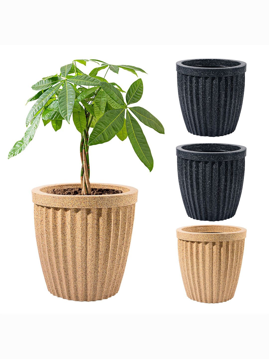 

Kuber Industries Brown & Black 4 Pieces Textured Roto Mould Pihu Neo Flower Planters