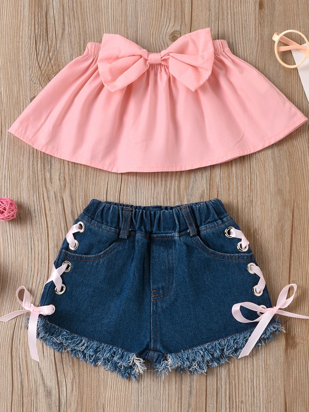 

YK Girls Off-Shoulder Top With Shorts, Peach