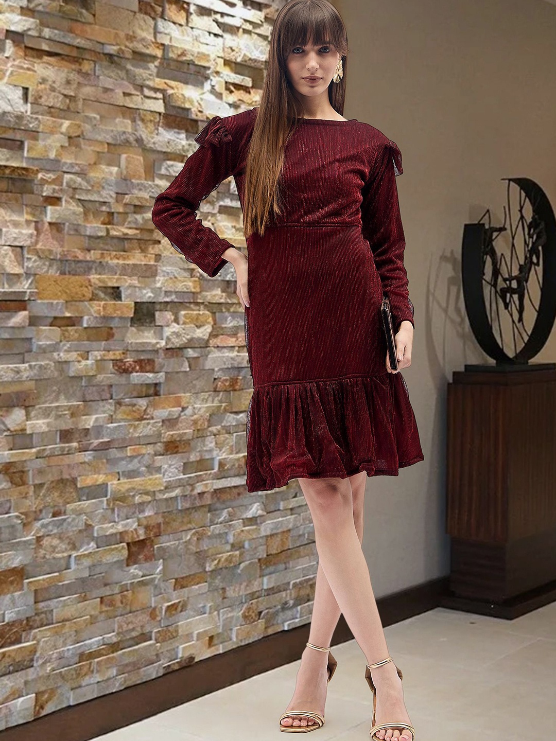 

DressBerry Puff Sleeve Layered Bodycon Dress, Maroon
