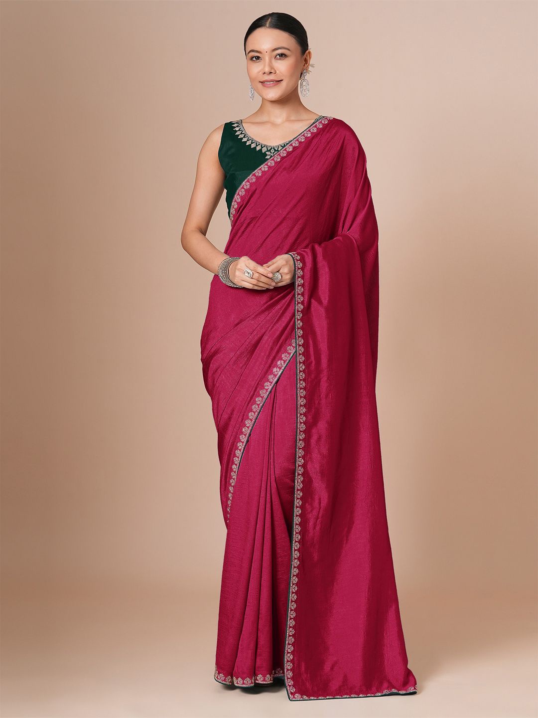 

House of Pataudi Women Embellished Saree With Blouse Piece, Pink