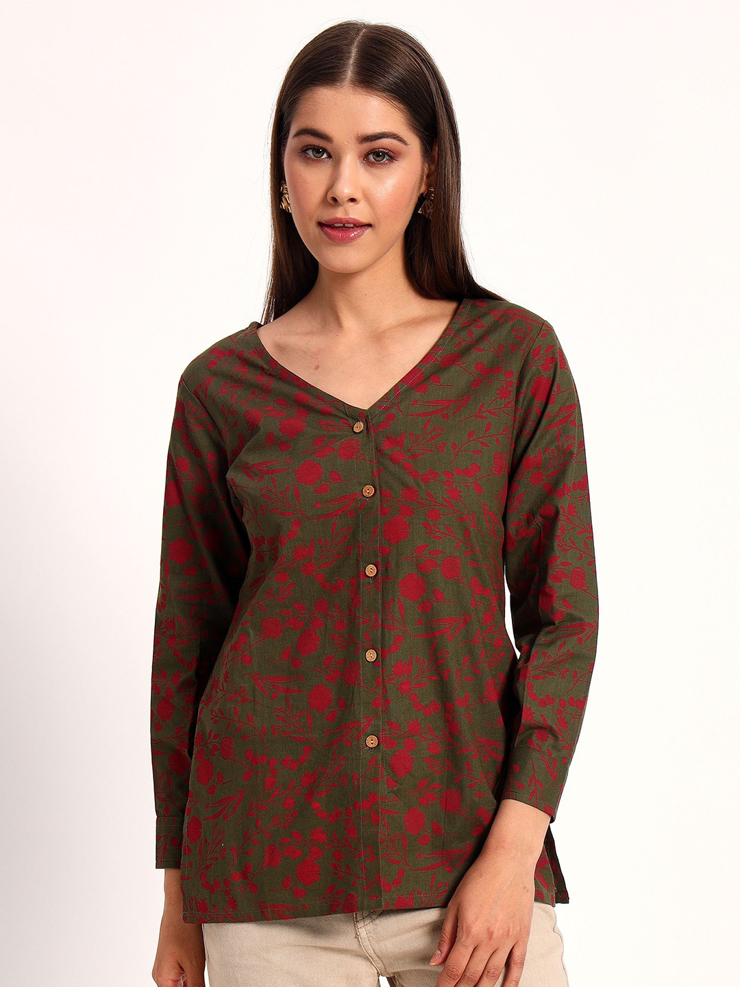 

Peikh Printed Linen Shirt Style Top, Olive