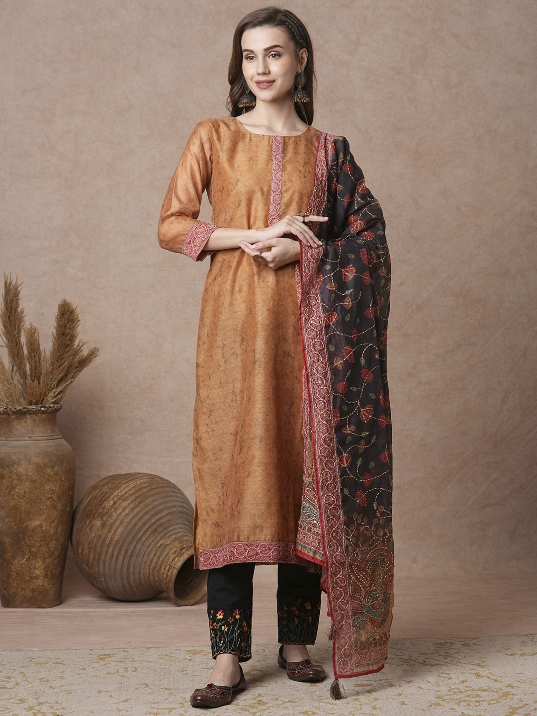 

FASHOR Ethnic Motifs Printed Thread Work Chanderi Silk Kurta With Dupatta, Camel brown