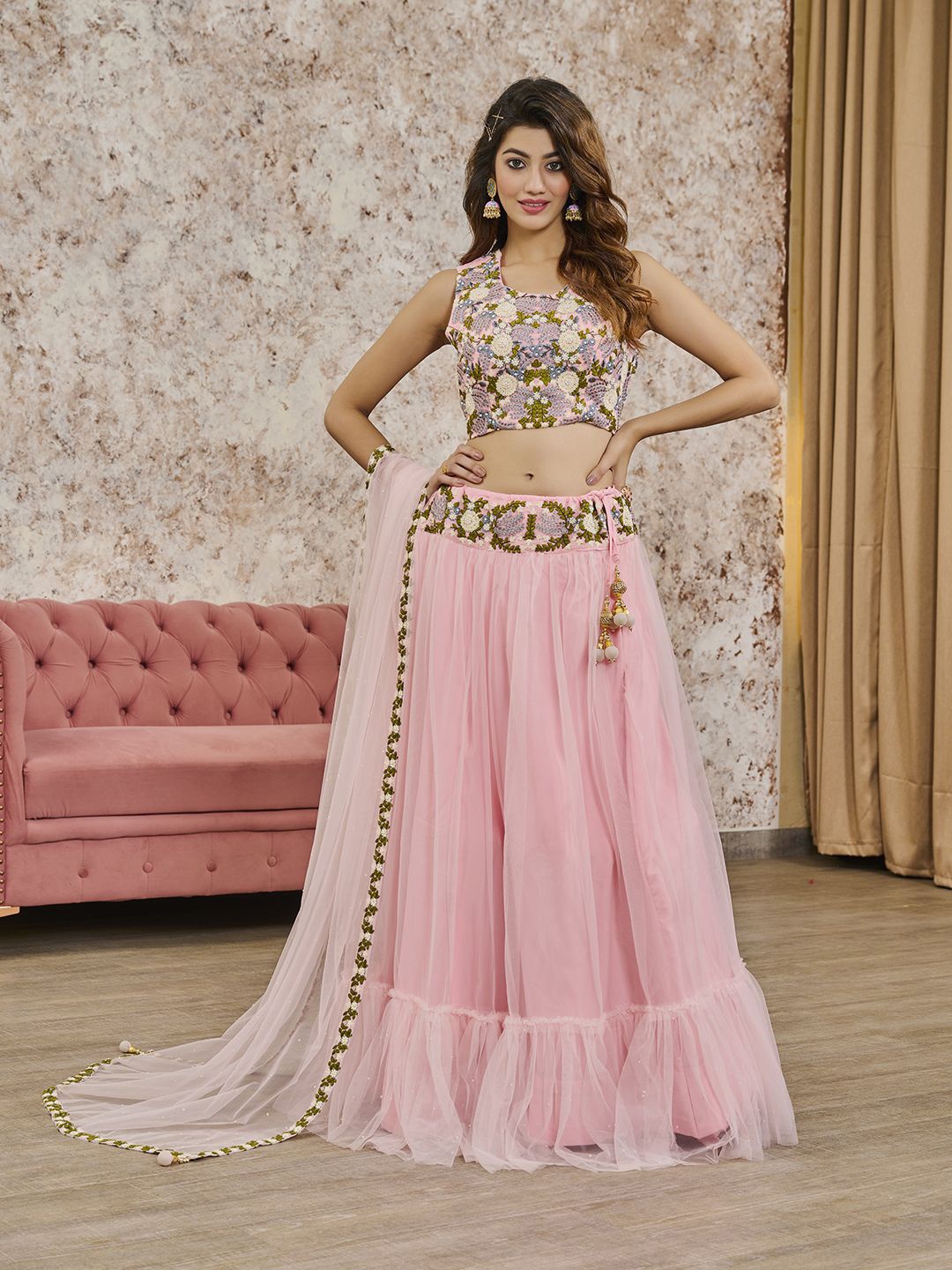 

Krimmple Floral Embroidered Ready to Wear Lehenga & Blouse With Dupatta, Pink