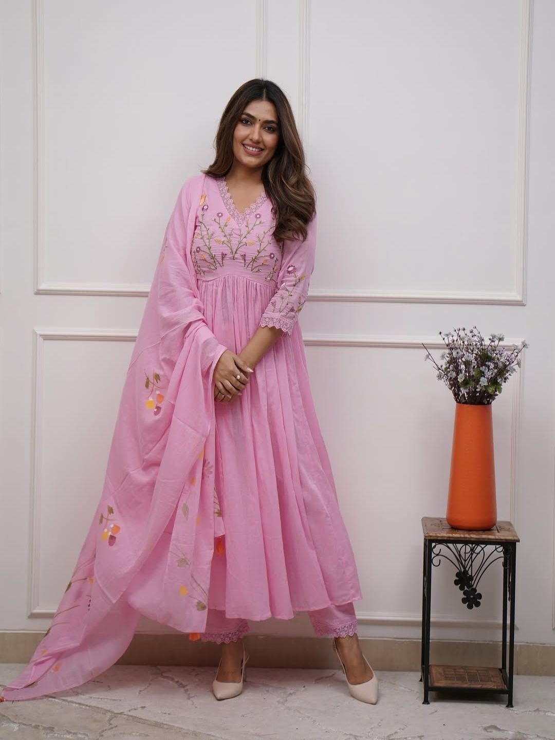 

VASUPRADA Floral Yoke Design Empire Thread Work Pure Cotton Kurta With Trousers & Dupatta, Pink