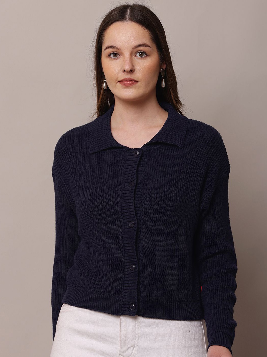 

NoBarr Women Ribbed Cotton Cardigan, Navy blue