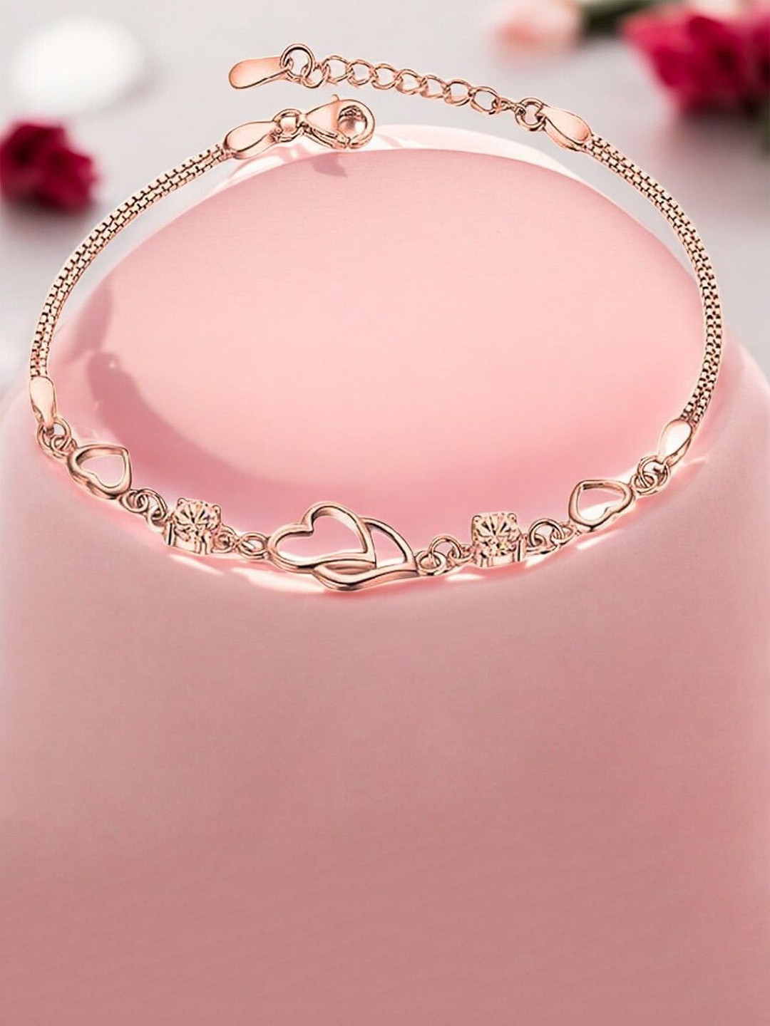 

Nilu's Collection Rose Gold-Plated CZ Studded Interlocked Heart Duo Shaped Link Bracelet