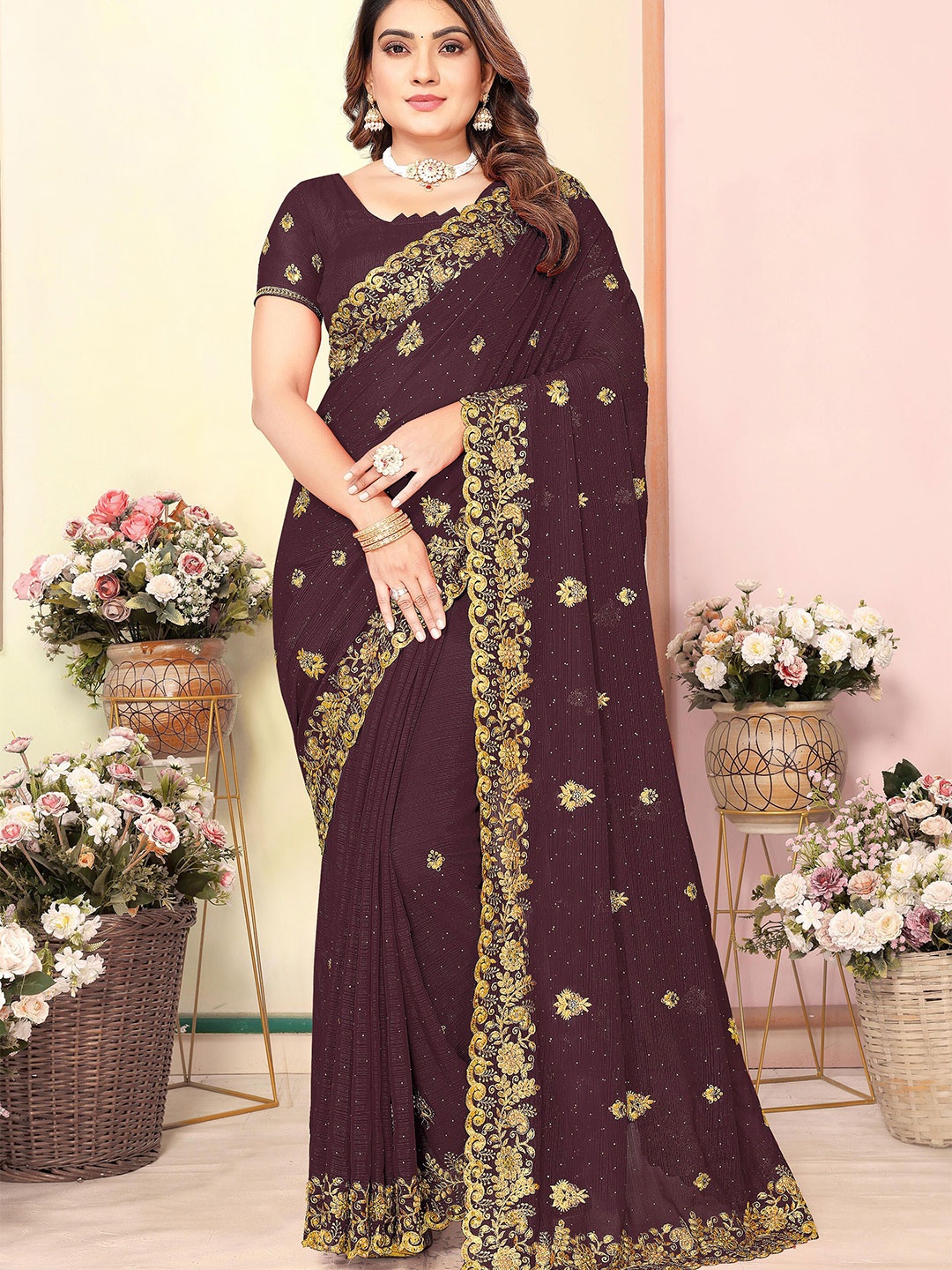 

KHRITI FAB Floral Embroidered Pure Georgette Saree, Coffee brown