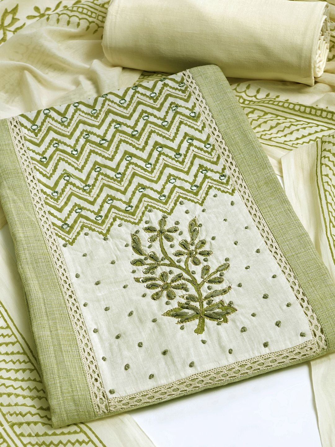 

KAMI KUBI Floral Embroidered Mirror Work Pure Cotton Unstitched Dress Material, Green