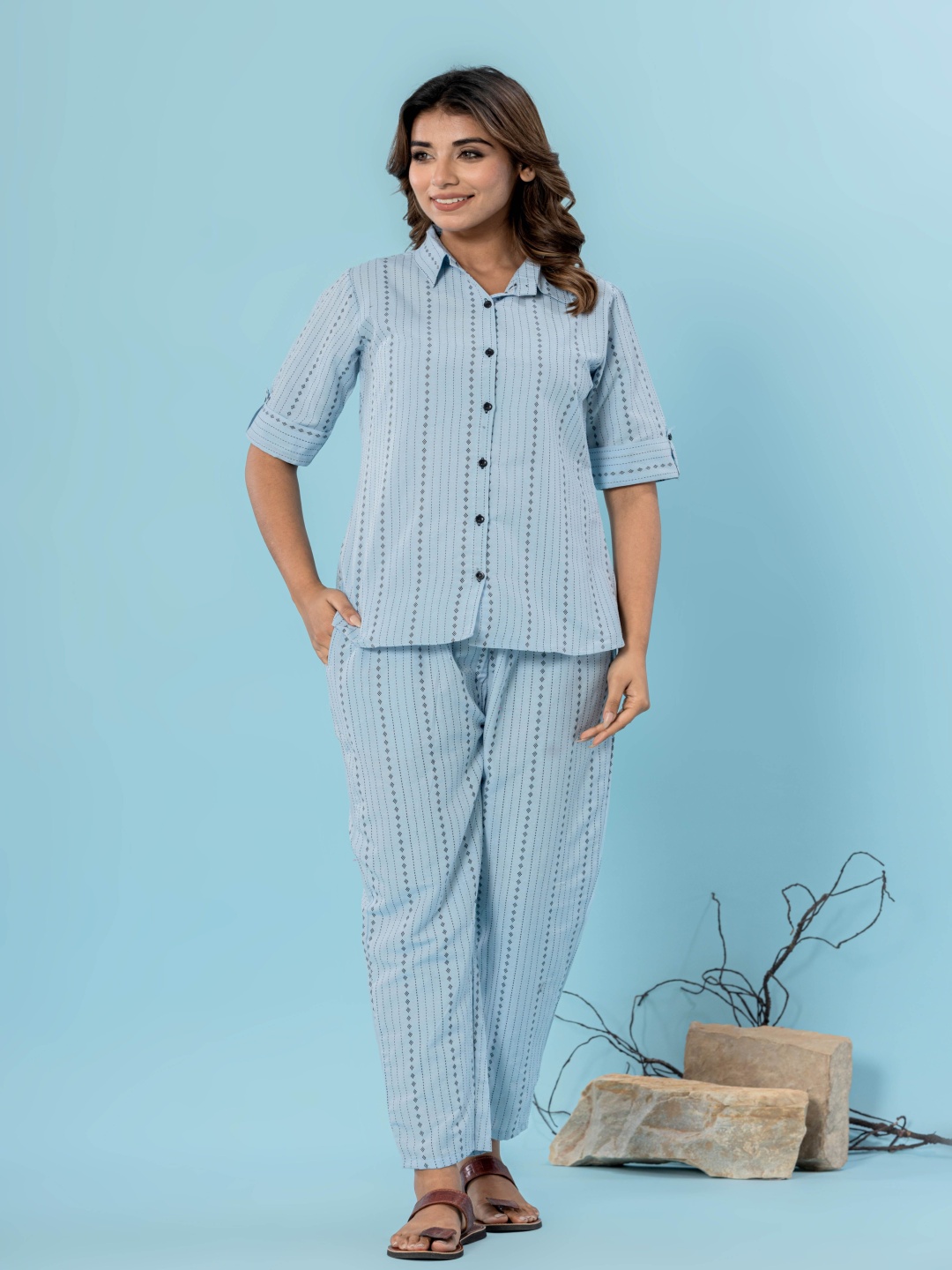 

DIZON Women Pure Cotton Striped Shirt and Trousers, Blue