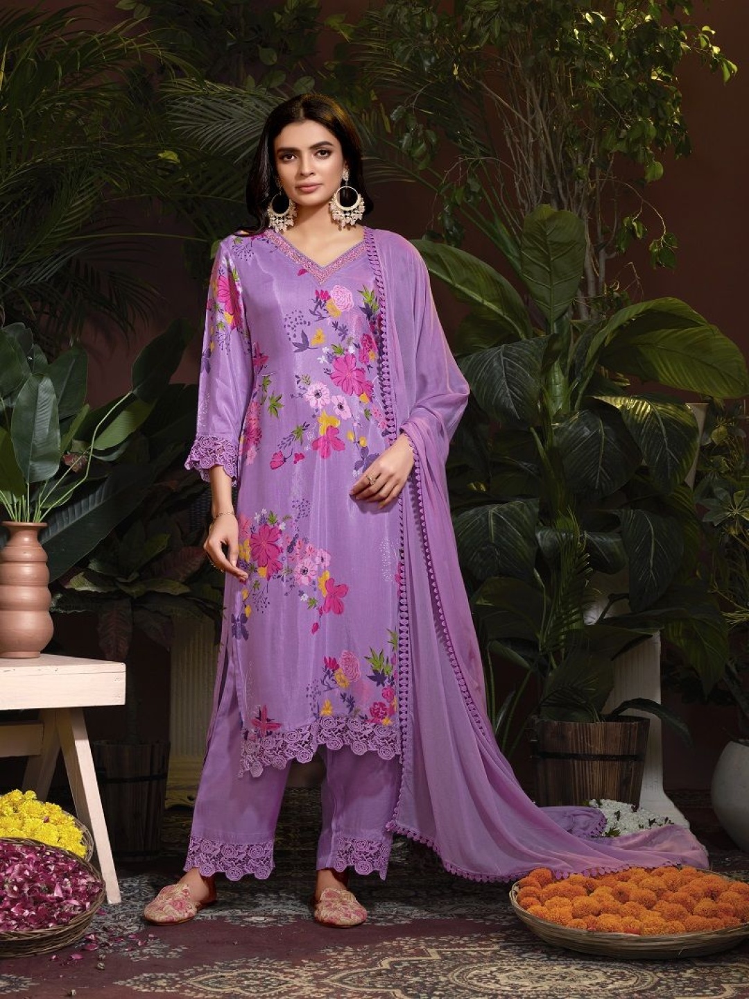 

Krimmple Women Floral Printed Regular Thread Work Kurta with Pyjamas & With Dupatta, Purple