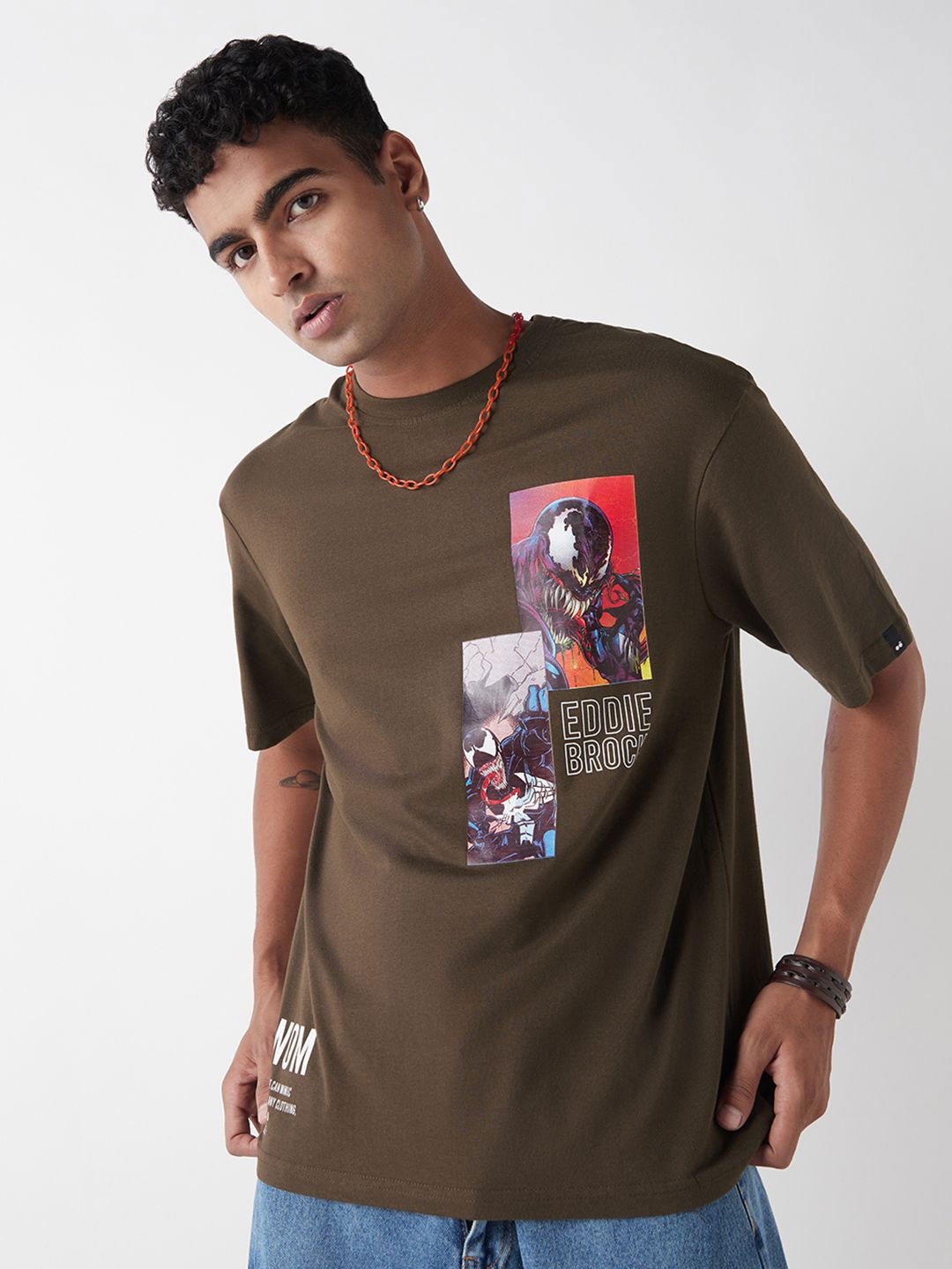 

Bewakoof Men Venom Graphic Printed Round Neck Cotton Oversized T-shirt, Brown