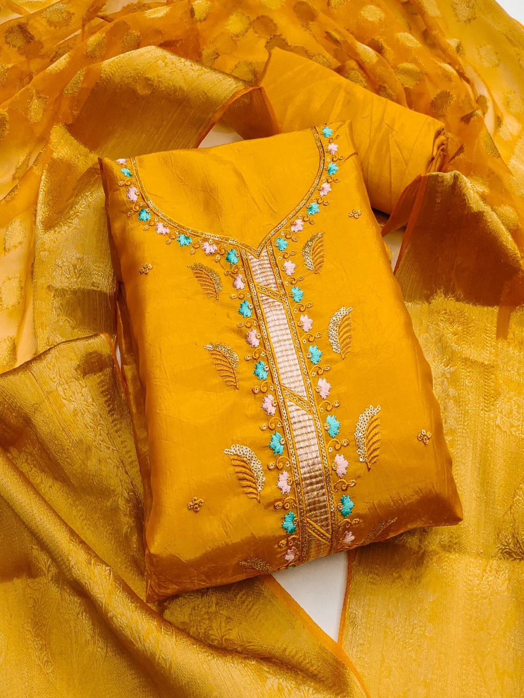 

KALINI Embroidered Pure Silk Unstitched Dress Material, Yellow