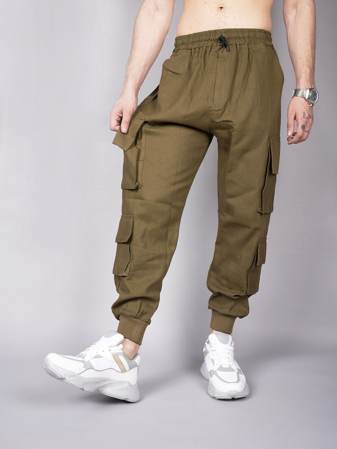 

URNAN INDY Men Cotton Cargo Joggers, Olive