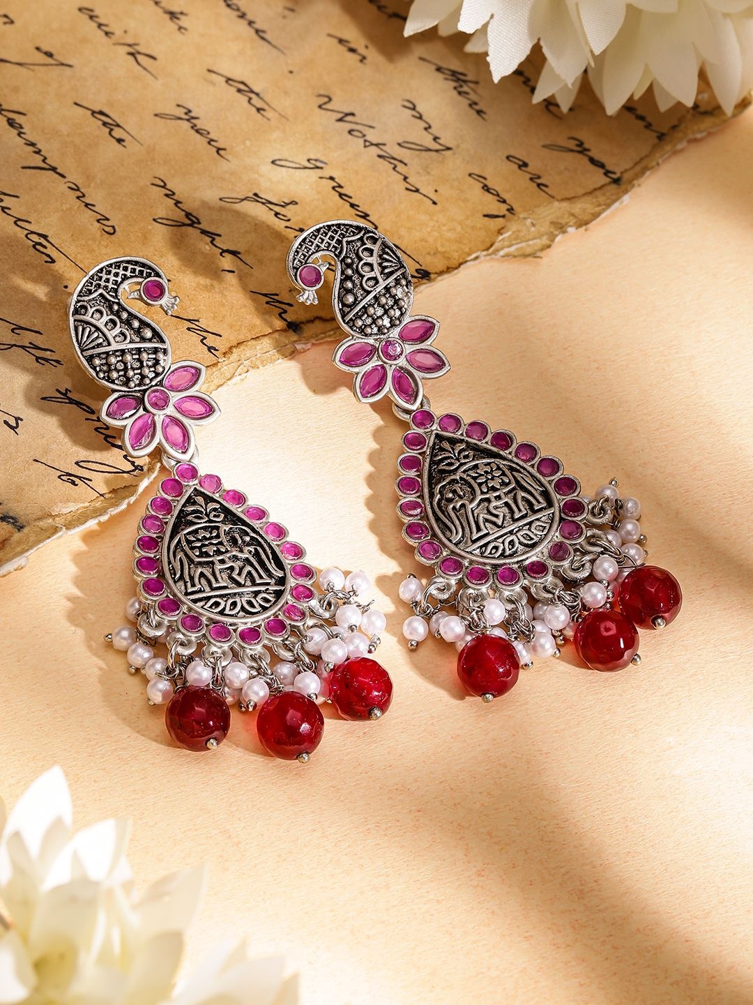 

Rubans Silver-Plated Stone & Pearl Beaded Contemporary Oxidised Earrings