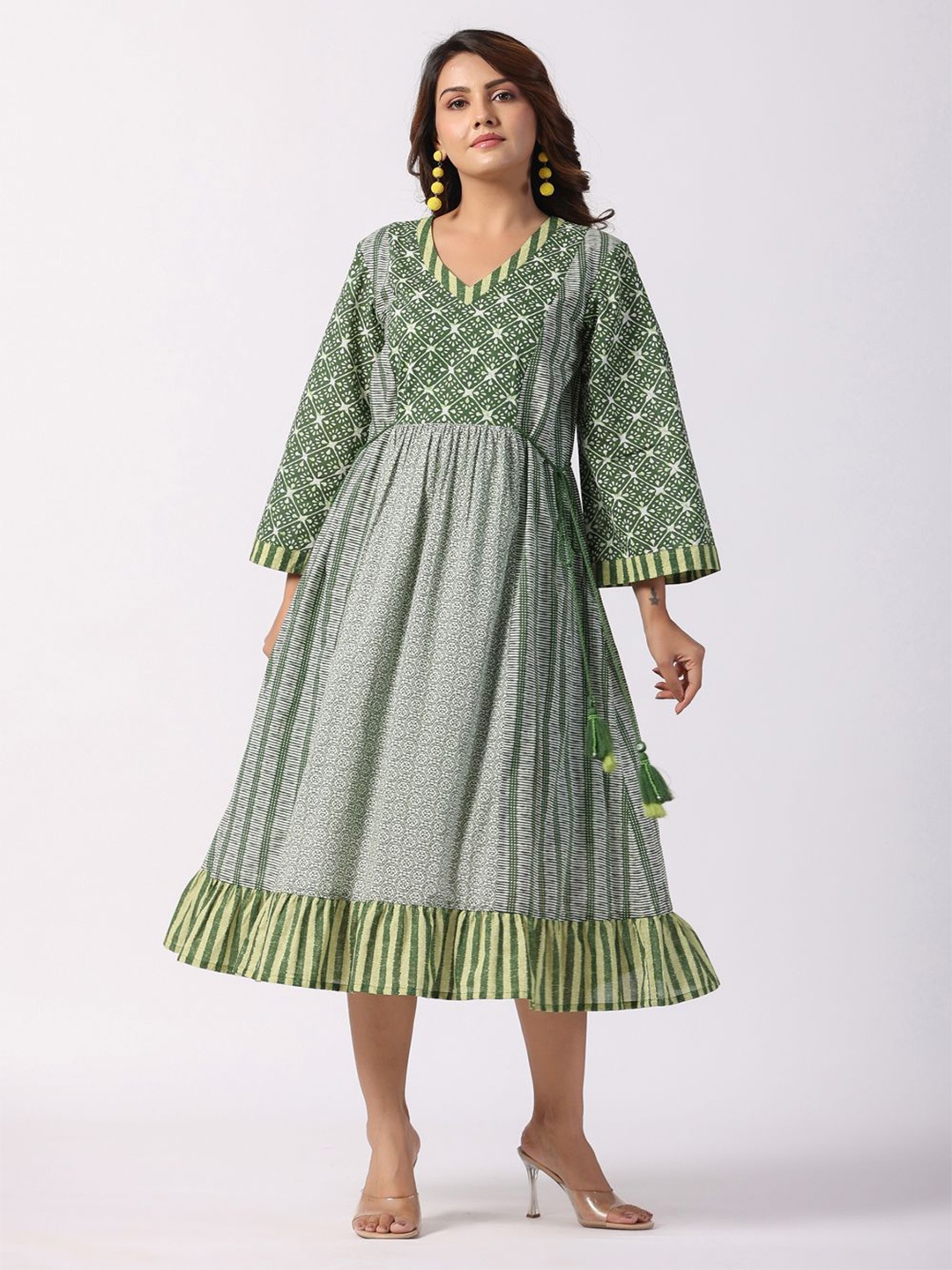 

STIL O STITCH Cotton Floral Embroidered Fit & Flare Dress, Green