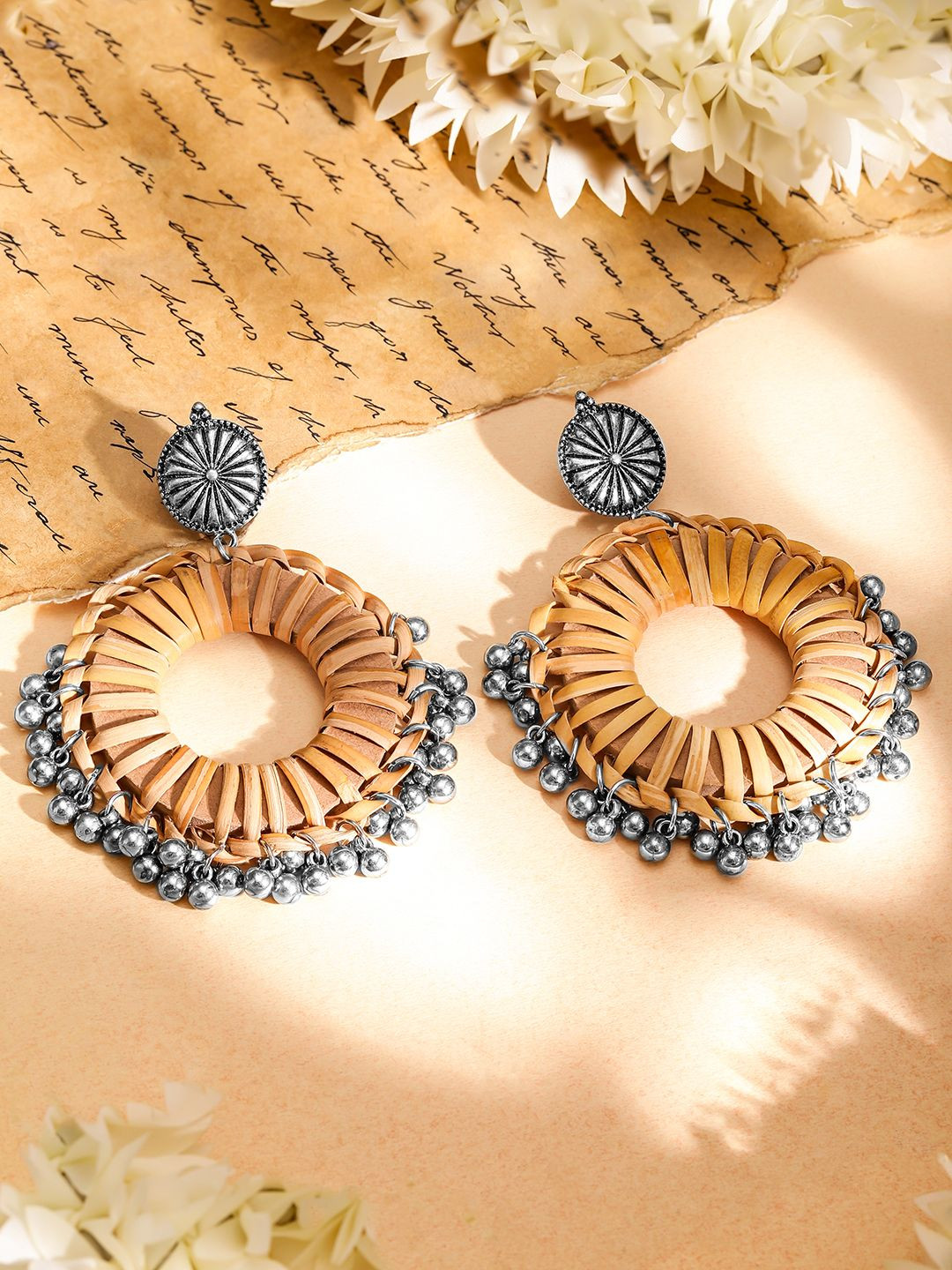 

Rubans Silver-Plated Bamboo Tribal Oxidised Jhumka Hoop Earrings, Brown