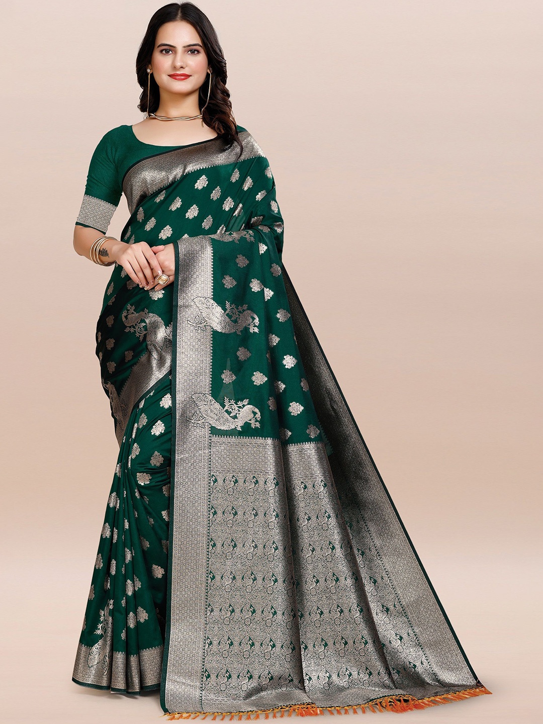 

TORONFRAS Woven Design Zari Silk Blend Banarasi Saree, Green