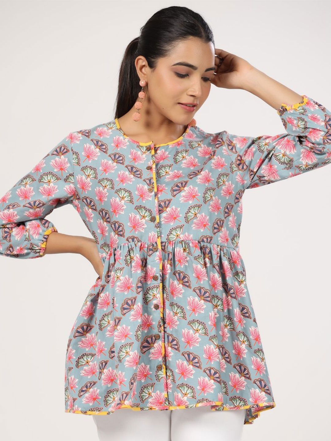 

JAIPURRANG Women Floral Printed Puff Sleeve Peplum Top, Grey