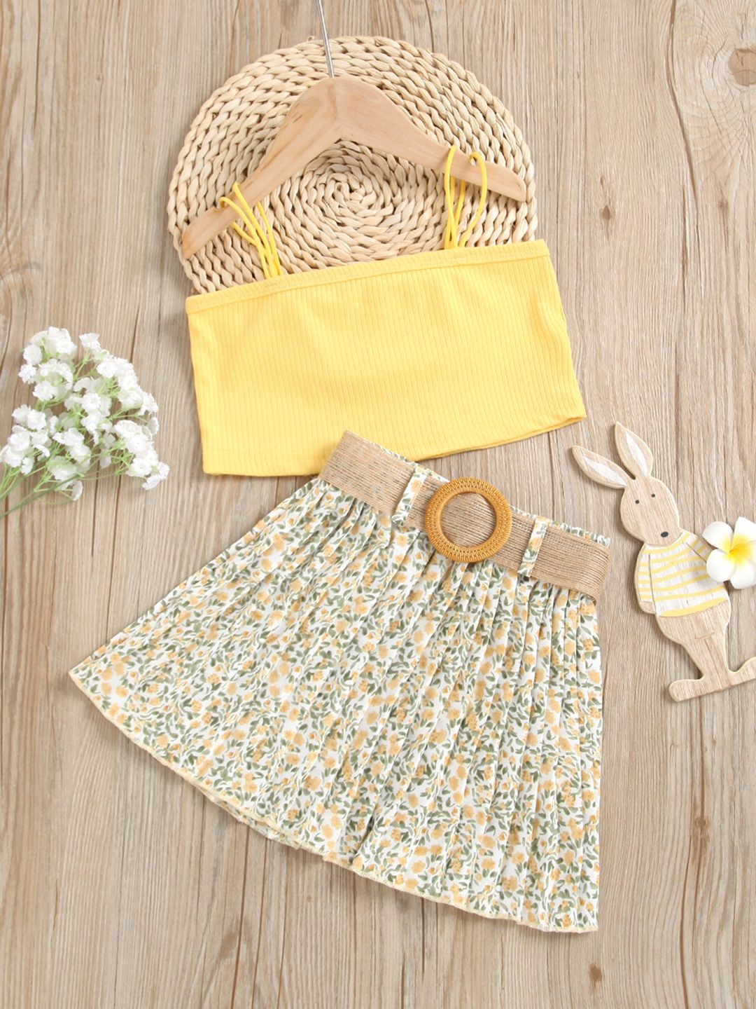 

YK Girls Shoulder Strap Top With Skirt, Yellow