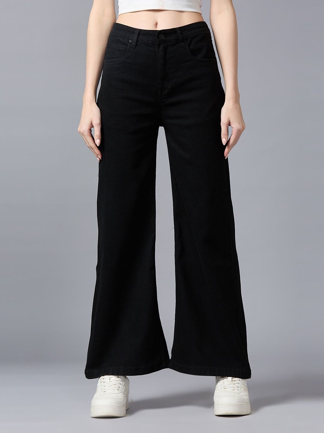 

HJ HASASI Women Wide Leg High-Rise Slash Knee Acid Wash Stretchable Jeans, Black