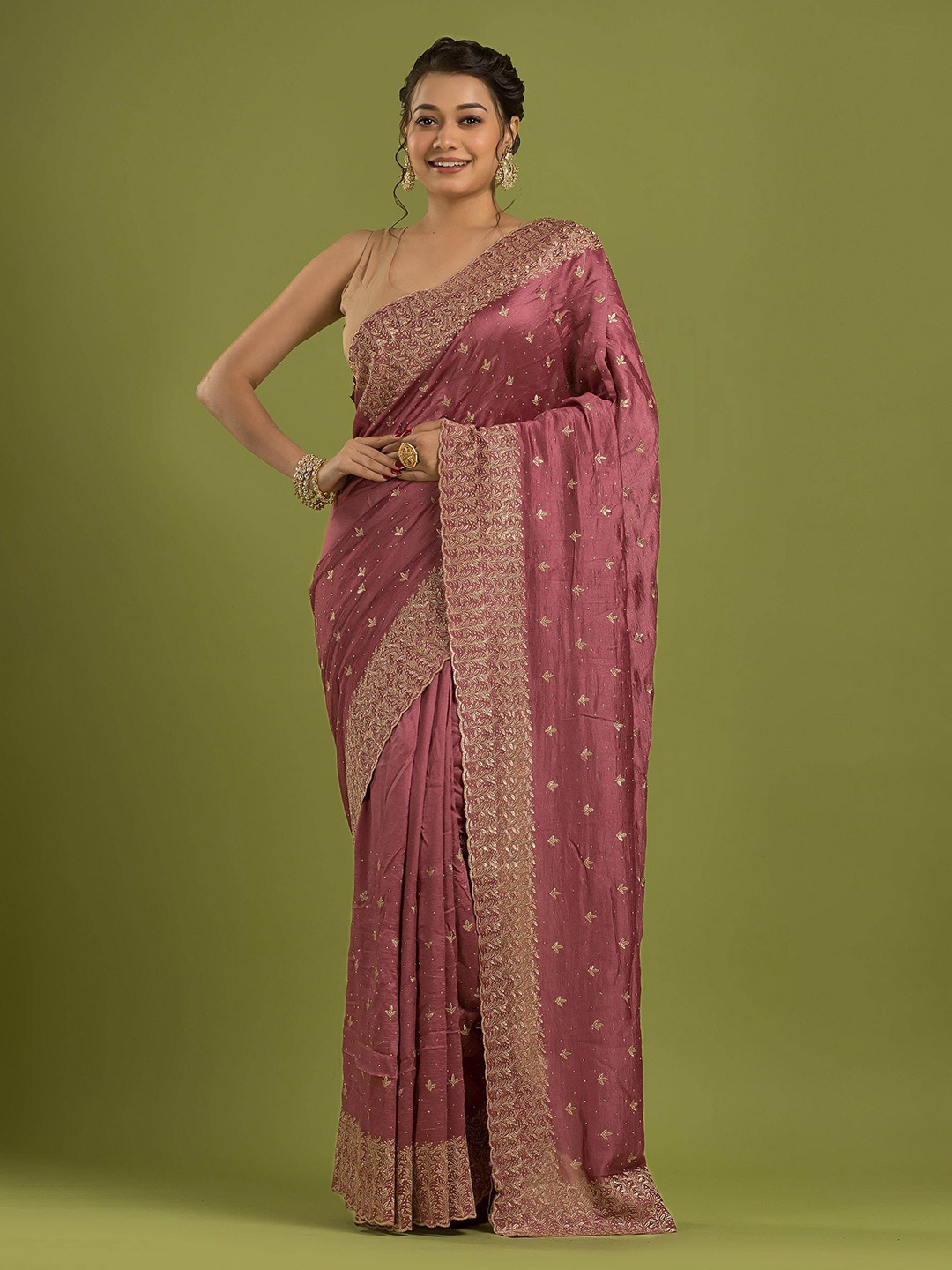 

Dheu Floral Embroidered Pure Georgette Designer Saree, Pink