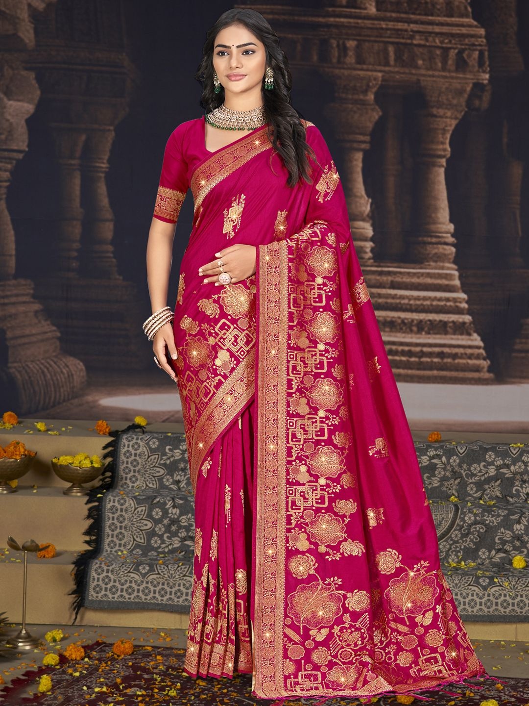 

SANGAM PRINTS Woven Design Floral Beads and Stones Zari Tussar Saree, Magenta