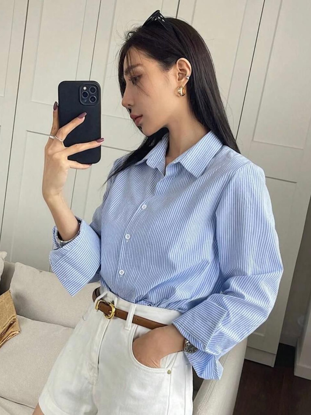 

Just Fab Women Standard Relaxed Fit Spread Collar Vertical Striped Cotton Casual Shirt, Blue