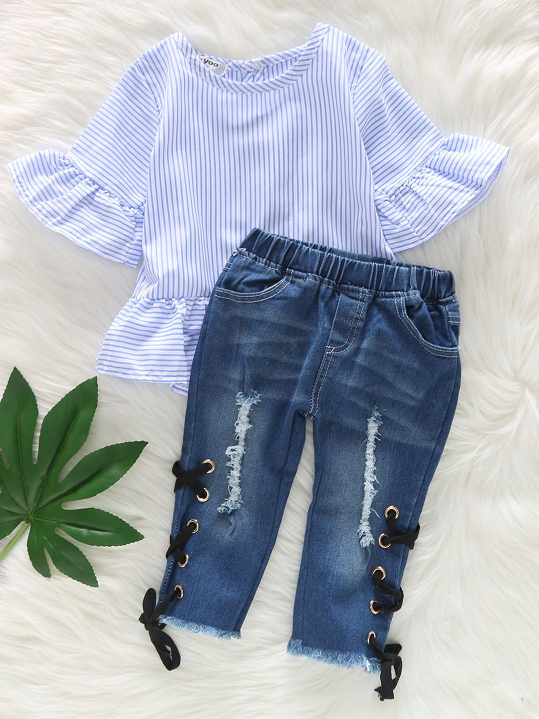 

YK Girls Striped Flared Sleeves Top With Trousers, Blue