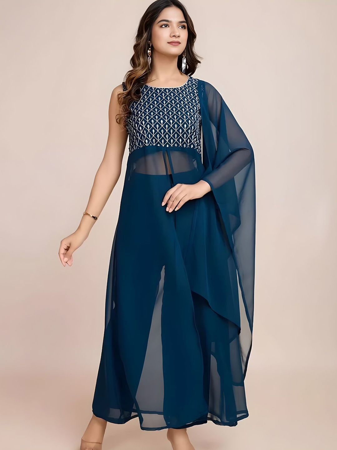 

NAKSH ENTERPRISE Floral Embroidered High Slit Sequinned Kurta With Trouser & Dupatta, Teal