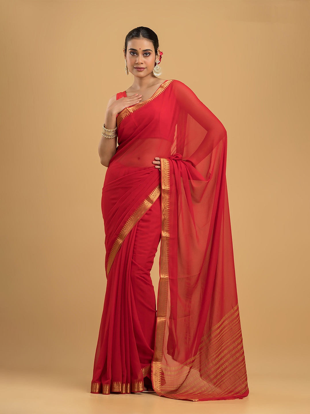 

Dheu Zari Pure Chiffon Saree, Red