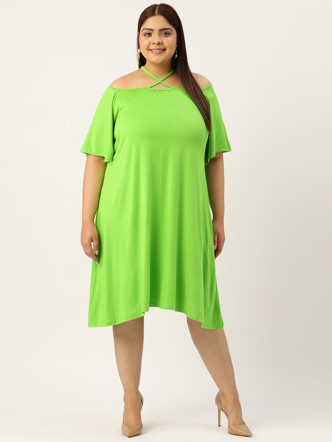 

theRebelinme Women Choker Neck A-Line Midi Dress, Green