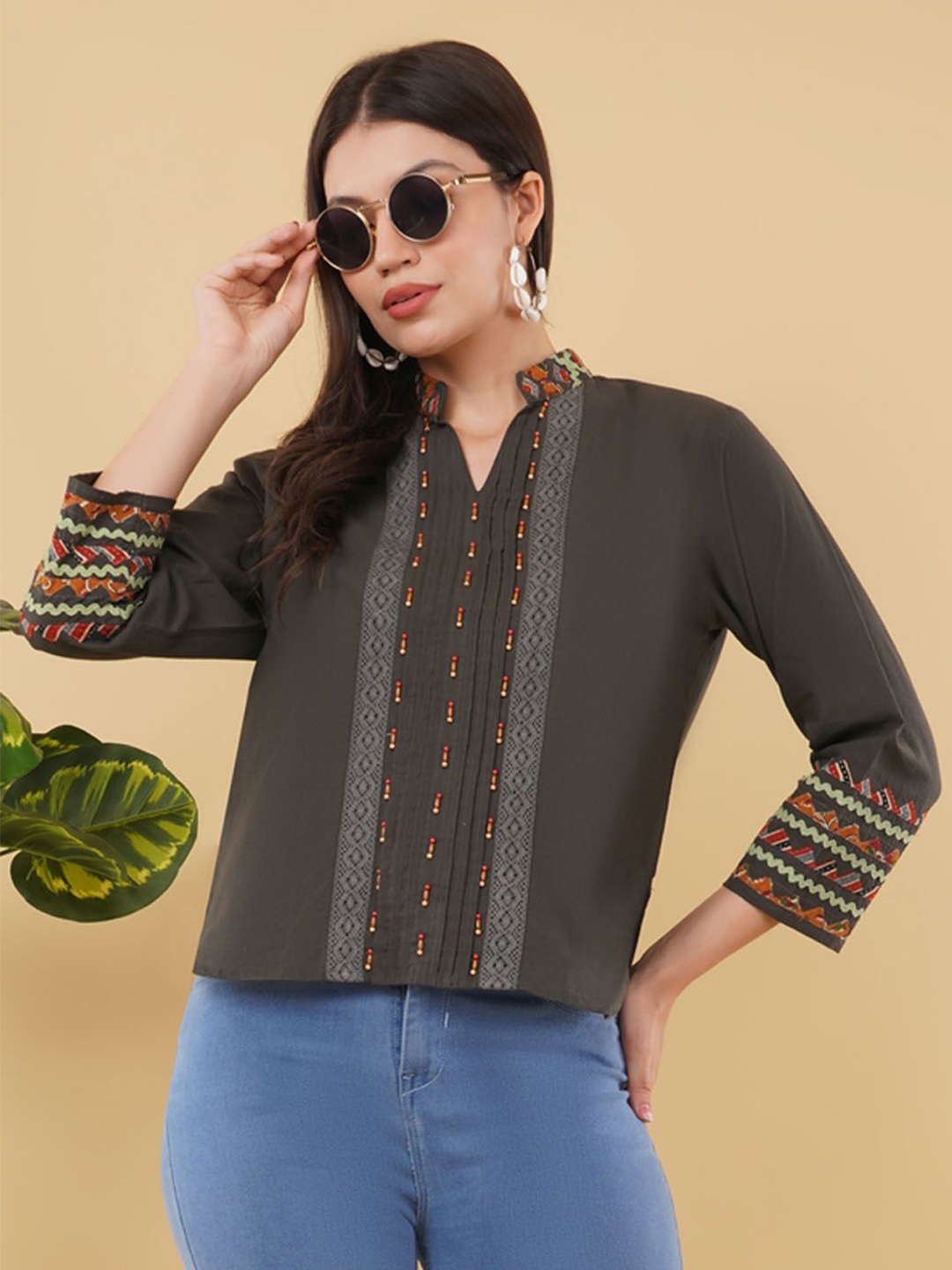 

Oskos Women Embroidered Mandarin Collar Cotton Top, Grey