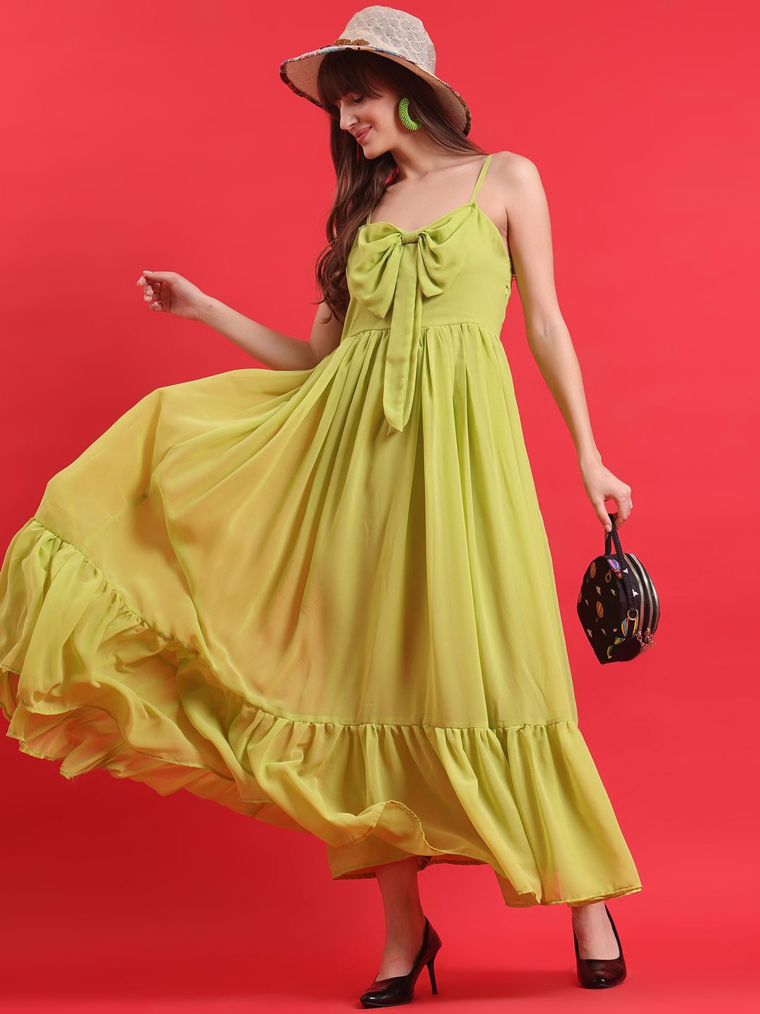

DressBerry Shoulder Straps Georgette Maxi Dress, Green