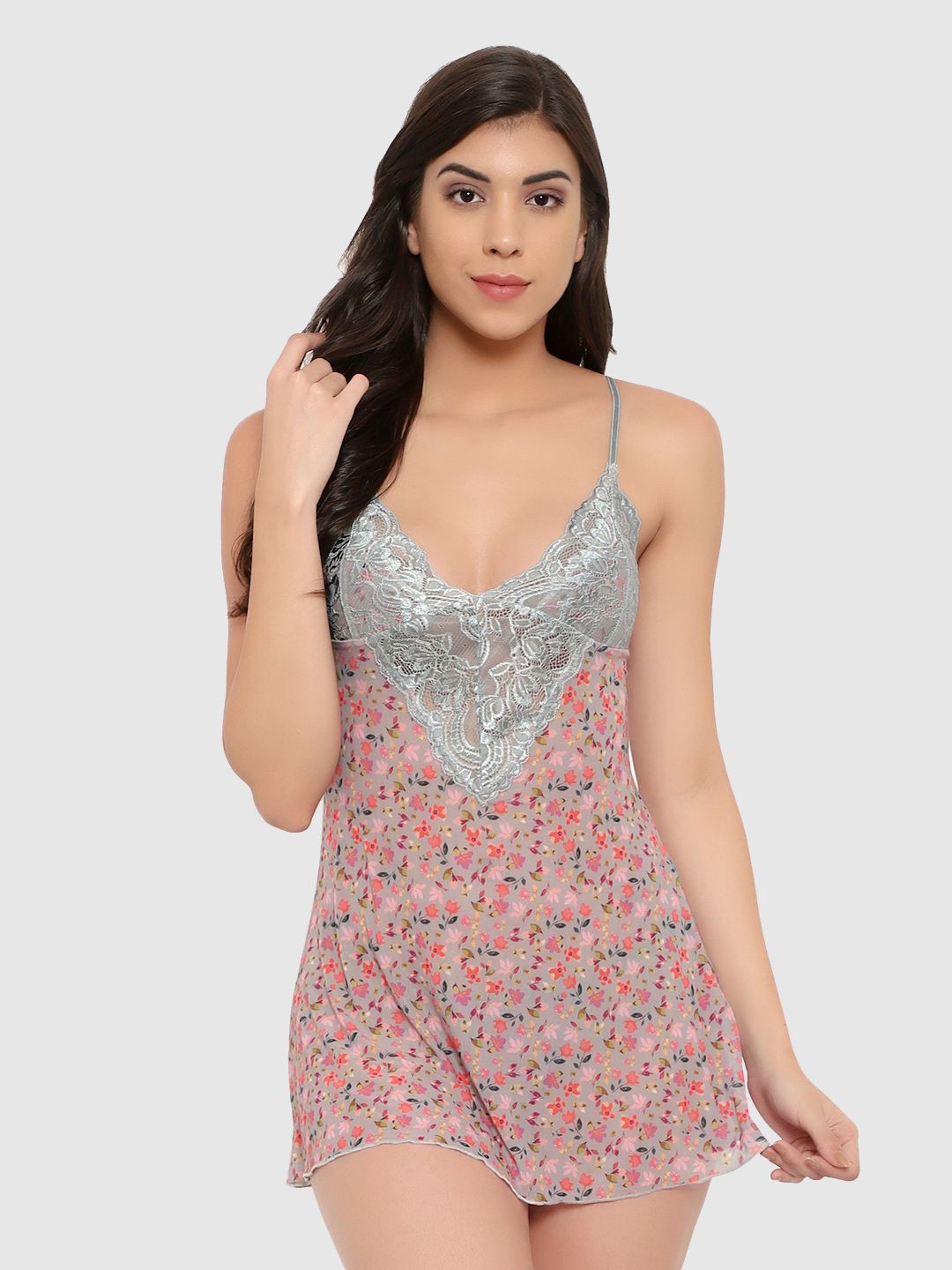 

Boldwink Women Floral Printed Lace Work Mini Baby Doll Dress, Grey